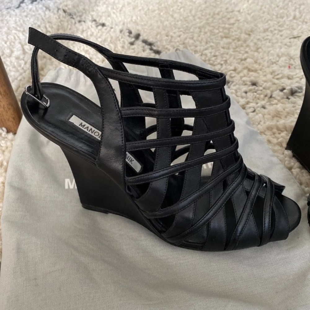Manolo Blahnik Black Leather wedge